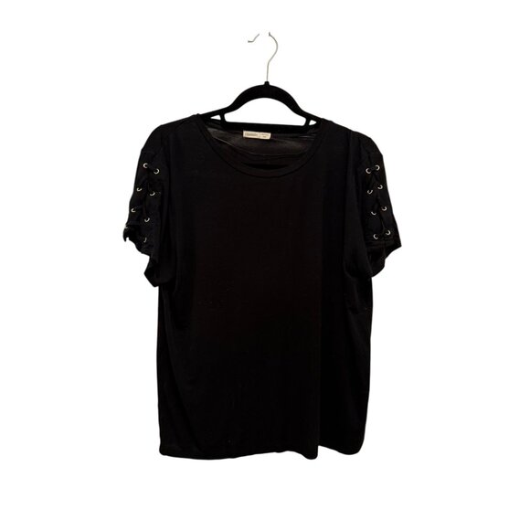 Emerette Black Short-Sleeve Top W/ Lace-Up Arm Detail - Picture 1 of 6